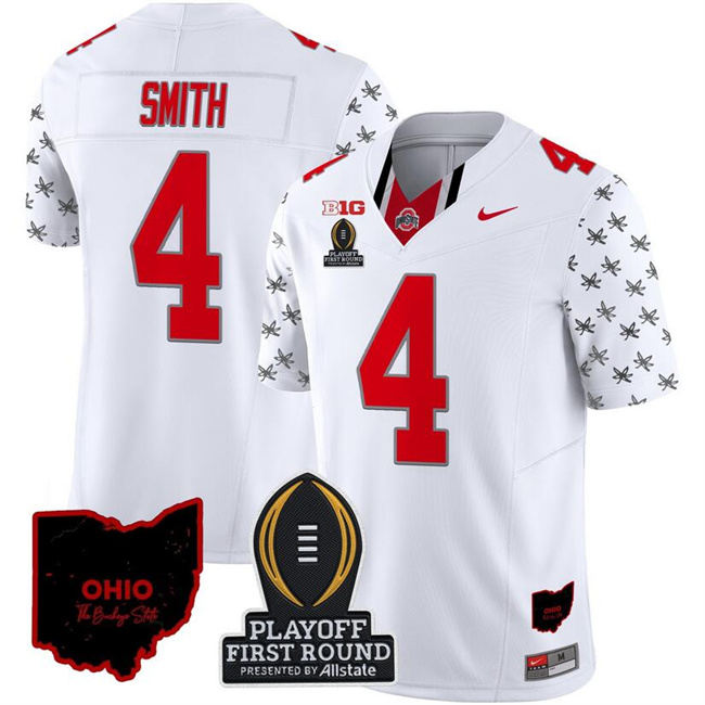 Men's Ohio State Buckeyes #4 Jeremiah Smith White F.U.S.E. 2024 Playoff First Round Patch Vapor Limited Stitched Jersey Men's Ohio State Buckeyes #4 Jeremiah Smith White F.U.S.E. 2024 Playoff First Round Patch Vapor Limited Stitched Jersey